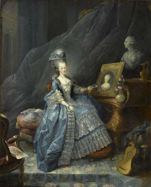 unknow artist Marie Therese of Savoy, Countess of Artois pointing to a portrait of her mother and overlooked by abust of her husband oil painting picture